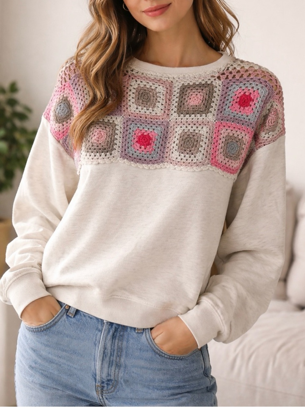 Lucky Brand Cream Pullover with Pink and Gray Crochet